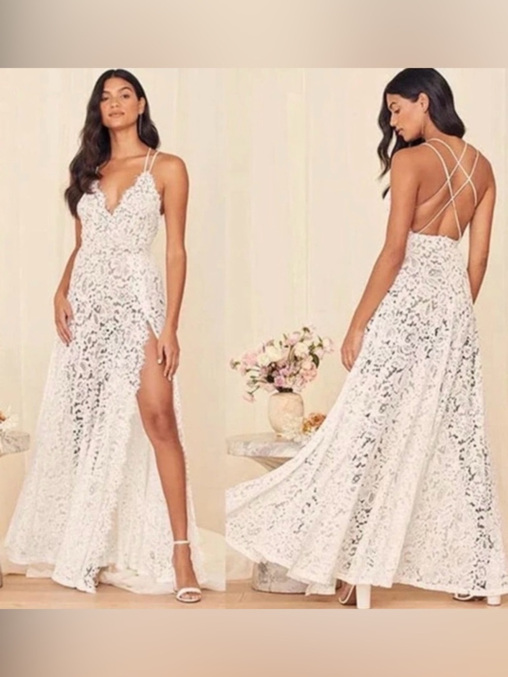 Lulu's White Love of Details Lace Strappy Maxi Dress NWT Size M Beach Wedding